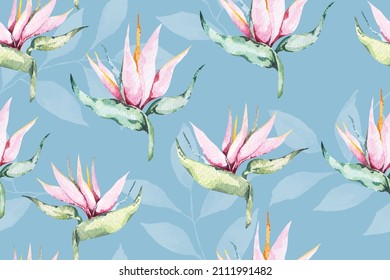 Heliconia flower seamless pattern with watercolor.Designed for fabric and wallpaper, vintage style.Hand drawn floral pattern illustration.Blooming flower painting for summer.Botany background.