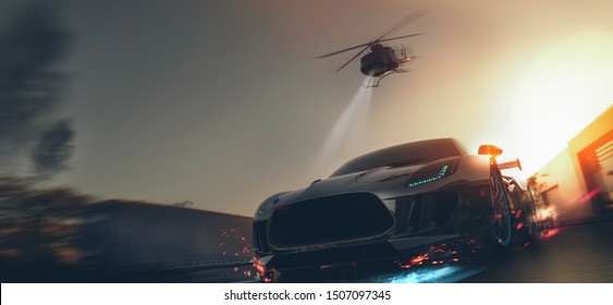 Helicopter Car Chase - Front View, Conceptual (with Grunge Overlay) - 3d Illustration