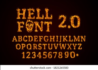 Hell Font 2.0 Set. Fire Flames On Black Isolated Background, Realistick Fire Effect With Sparks. Part Of Alphabet Set