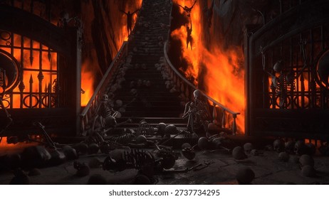 Hell gates. Road to hell fire. Devil portal. Sinner. Religious concept. 3d rendering. 3D Illustration