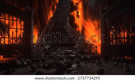 Hell gates. Road to hell fire. Devil portal. Sinner. Religious concept. 3d rendering. 3D Illustration Stock photo © 