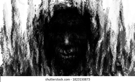 Hellish demon face in hood. Black and white background. Illustration in genre of horror. Spooky nightmares image. Gloomy character concept art. Fantasy drawing for Halloween. Coal and noise effects.