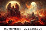 hellish large group of people surrounded by flames of hell is suffering their pains and atoning for their sins. Matte painting representation of hell in the afterlife. 3D illustration halloween theme.