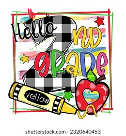 Hello 2nd Grade, 2nd Grade Design, Back To School, First Day Of School, Student, Shirt Design, Buffalo Plaid, Apple, Illustration, Teacher, Graphic Design, Funny, Mugs, Bags, Backgrounds, Stickers