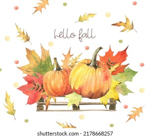 Hello Autumn, Fall watercolor background, Maple leaves with Orange pumpkins, harvest illustration - Powered by Shutterstock