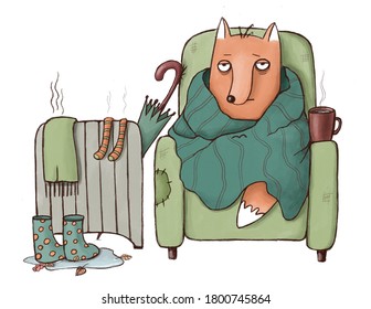 hello  autumn illustration  cute funny fox in an arm  chair after autumn walk
