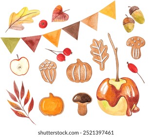 Hello, autumn. Set of autumn sweets, gingerbread, flags for decoration, autumn leaves, caramel apple. Autumn mood. Watercolor - Powered by Shutterstock