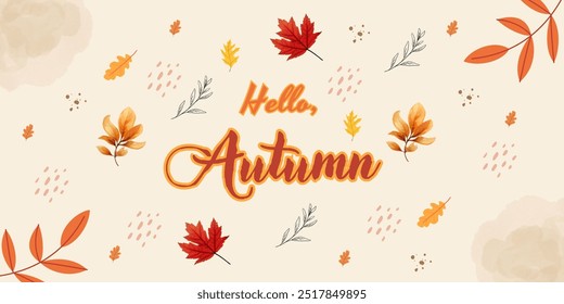 Hello, Autumn Vector Illustration. Cute Autumn text hand lettering with leaves banner template. Cozy Autumn. Wonderful Modern Design Template. - Powered by Shutterstock