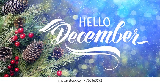 Hello December hand lettering. Spruce branches and cones frame on blurred glitter lights background. Great season texture with winter mood.  - Powered by Shutterstock