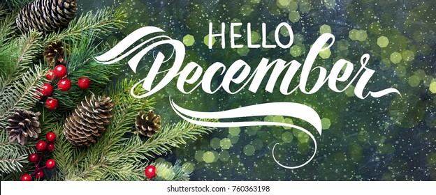 Hello December hand lettering. Spruce branches and cones frame on blurred glitter lights background. Great season texture with winter mood.  - Powered by Shutterstock