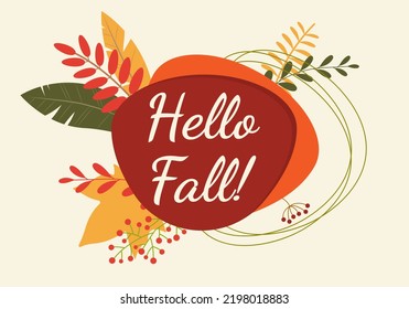 Hello Fall Banner Or Badge. Autumn Season Background With Abstract Geometric Shapes And Leaf Frame. 