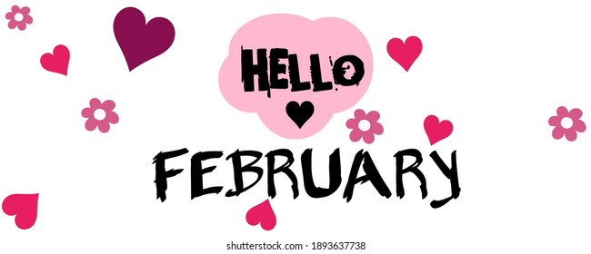 Hello FEBRUARY. February Month with flowers, hearts and leaves.February decoration. February month illustration - Powered by Shutterstock