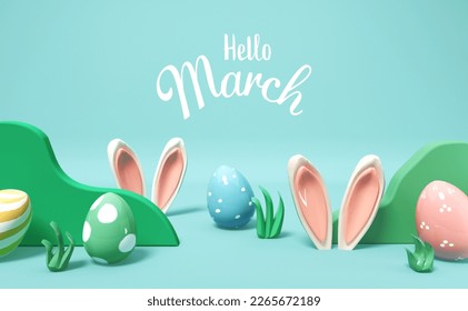 Hello March message with rabbit ears and Easter eggs