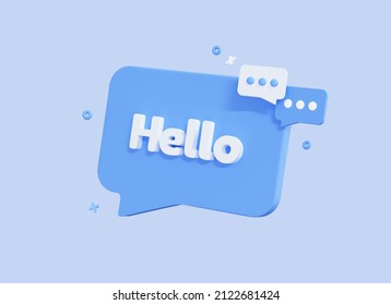 Hello Speech Bubble Banner. Message Bubble Concept With Text Hello, Hi. Greeting In Chat. Communication Concept. Cartoon Design Element Isolated On Blue Background. 3D Rendering