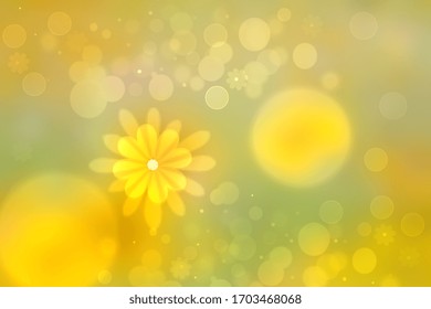 Hello spring background. Abstract bright spring or summer landscape texture with natural yellow green bokeh lights and sun flowers. Spring or summer backdrop with copy space. Card concept.