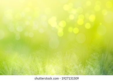 Hello Spring Background. Abstract Bright Spring Or Summer Landscape Texture With Natural Green Yellow Bokeh Lights And Sunshine. Beautiful Backdrop With Space.