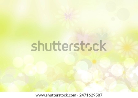 Hello spring background. Abstract delicate bright spring or summer landscape texture with natural green yellow white bokeh lights, sunshine and butterflies. Beautiful backdrop with space.