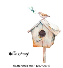 Hello Spring. Watercolor Cute Spring Illustration. Wooden Nesting Box, Snow And Sparrow Birds Scene. Greeting Card Template.