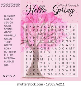 Hello Spring Word Search Puzzle With Watercolor Cherry Blossom. Logic Game For Learning English Words.   Crossword Suitable For Social Media Post. 