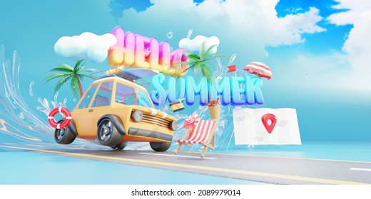 Hello To Summer 2022 Banner Design. Driving A Car Go To The Beach, Colorful Beach Elements With 3d Lettering In Blue Background, 3d Illustration.