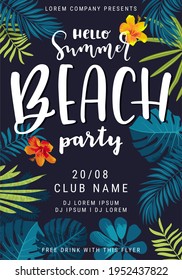 Hello Summer Beach Party Beautiful Jungle Exotic Leaves Flyer, Poster, Banner Template. Modern Calligraphy Summer Design. Monstera, Hibiscus Flower, Tropical Plants. Summertime Goa Party Illustration