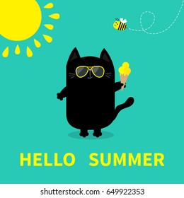 Hello Summer. Black Cat Holding Ice Cream. Yellow Sun, Sunglasses. Bee Insect. Cute Cartoon Character. Greeting Card. Funny Pet Animal Collection. Flat Design. Green Background. 