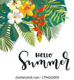 Hello Summer Calligraphy Card. Vertical Summertime Banner, Poster With Exotic Tropical Leaves, Flowers. Bright Jungle Background. Vivid Colors. Hawaiian Beach Party Backdrop