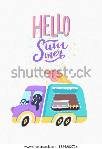 Hello Summer - card,\
poster template with hand drawn digital illustration of ice cream\
truck and walrus\
driver