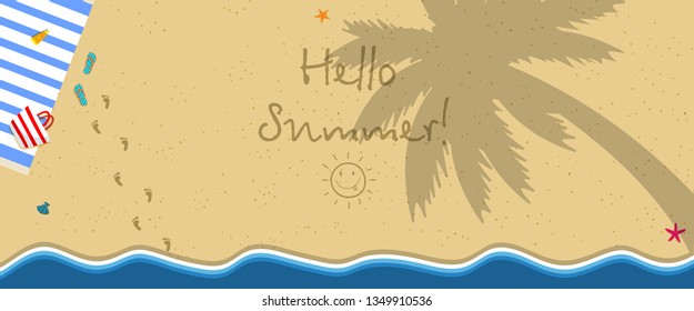 Hello Summer Horizontal Banner. Top View of Exotic Empty Beach with Towel, Bag, Slippers and Foot Prints on Sand. Palm Tree Shadow on Ground Sea Stars. Foamy Waves. Cartoon Flat  Illustration. - Powered by Shutterstock