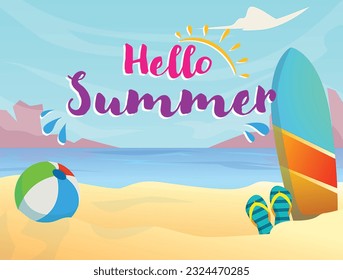 Hello summer. Illustration of tropical beach with ball, surfboard and flip flops near sea - Powered by Shutterstock