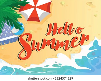 Hello summer. Illustration of tropical beach with umbrella, ball and blanket near sea, top view - Powered by Shutterstock