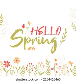 Hello, Summer, Lettering. Banner, Summer Flowers And Plants, Leaves. Flower Illustration. Pink And White Flowers, Green Leaves, Pink Inscription.