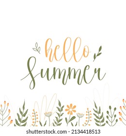 Hello, Summer, Lettering. Banner, Summer Flowers And Plants, Leaves. Flower Illustration. Pink And White Flowers, Green Leaves, Pink Inscription.