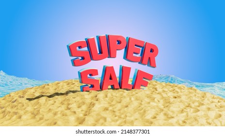 Hello Summer, Sale Banner. Summer Beach And Ocean, 3d Render. 3d Text ''Super Sale''. Concept Of Travel And Vacation