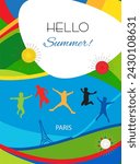 Hello Summer sports games in Paris abstract fluid lines shapes fireworks festival background camp vocation holiday travel happy kids jumping, pool party banner brochure cover French advertising poster