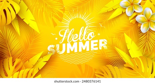 Hello Summer Time Holiday Illustration with Tropical Palm Leaves and Flower on Sun Yellow Background. Summer Vacation Design Template for Banner, Flyer, Invitation, Brochure, Poster. JPG Version - Powered by Shutterstock