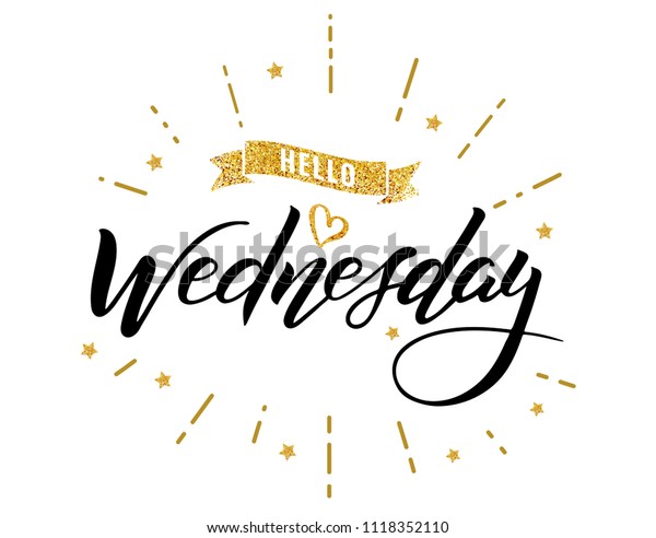 Hello wednesday words. Quote design. Hand\
drawn happy wednesday ink lettering. Sticker for social media\
content. Modern hand drawn brush calligraphy. For poster, video\
blog cover,\
background.