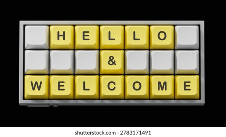Hello and welcome symbol. Concept words Hello and welcome on Computer keyboard keys.Business hello and welcome concept. Copy space.3D rendering clipping path.