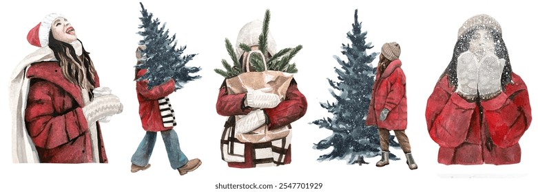 Hello winter. Freehand watercolor cozy winter snow seasonal clipart with girls and Christmas trees. Hand drawn watercolour tree. - Powered by Shutterstock