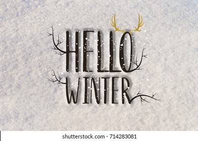 hello winter sign on white snow background decorated with deer horns and tree branches - Powered by Shutterstock