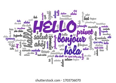 Hello Word In Different Languages. Hello International Translation Text Collage.