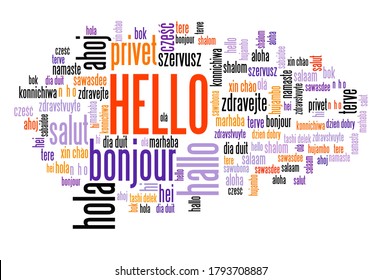 Hello Word In Different Languages. Hello International Translation Text Collage.