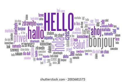 Hello Word In Different Languages. Hello International Translation Text Collage.