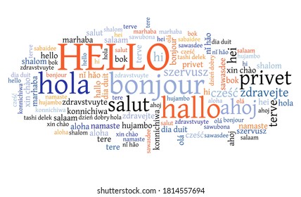 Hello Word Translated In Different Languages. Hello International Translation Text Collage.