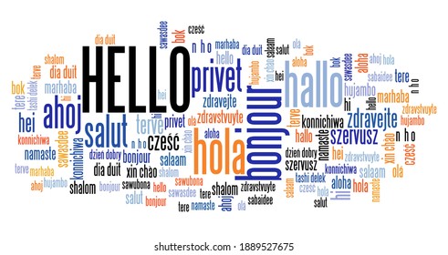 Hello Word Translated In Different Languages. Hello International Translation Text Collage.