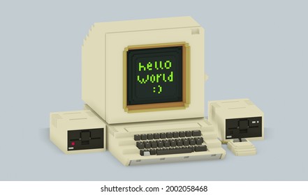 Hello World. Old Vintage Computer. Programming Concept