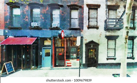 Hells Kitchen District In New York City In Watercolor