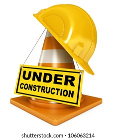Helmet for builder worker. Traffic cones. Under construction sign. Icon isolated on white background. 3d render