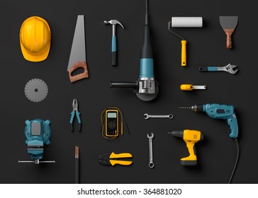 Helmet, Drill, Angle Grinder And Construction Tools On A Black Isolated Background