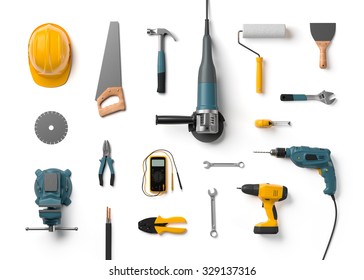 helmet, drill, angle grinder and other construction tools on a white background isolated